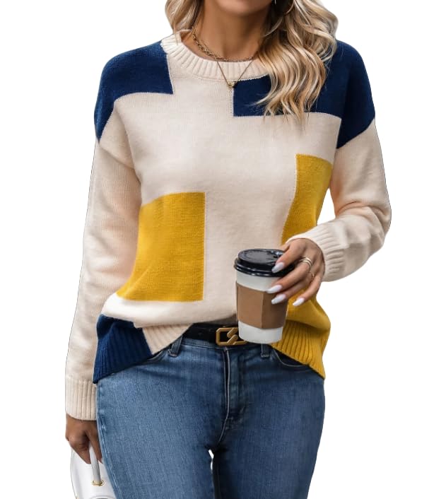 Women's Color Block Knit Sweater, Crew Neck, Navy Blue Yellow White3