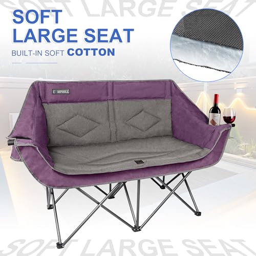 Oversized Double Camping Chair - Heavy Duty 2 Person Folding Loveseat Couch for Adults, Portable Lawn Chairs with Padded Seats for Fishing, Sports, and Patio, Supports 500 LBS, Purple - Image 3