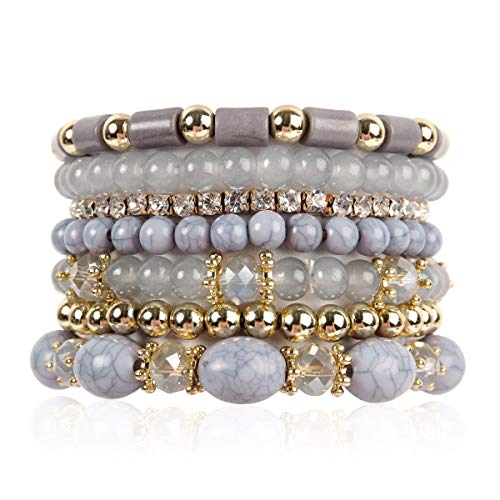 Riah Fashion Multi Layer Bead Bracelet - Colorful Stacking Beaded Strand Stretch Cuff Statement Bangles Set (Vintage Marbled 7 Set - Gray) #TOP6