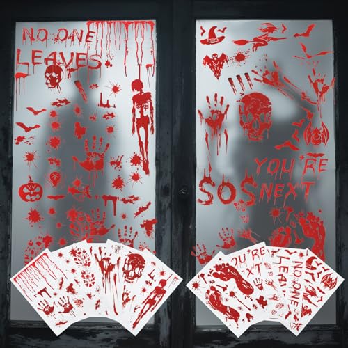 Lot de 9 feuilles d'autocollants d'Halloween pour fenêtre avec empreintes de mains sanglantes - Décoration de fenêtre effrayante pour intérieur et extérieur - Motif de sang
