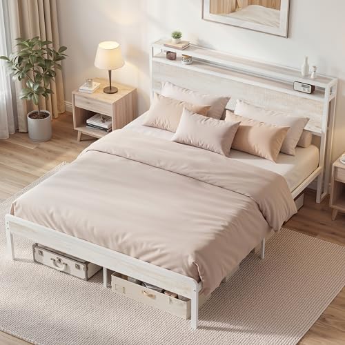 Image of LIKIMIO Queen Bed Frame with Headboard, Wood Camas Queen with Strong Supports, Sturdy, Noise-Free, No Box Spring Needed, White Maple