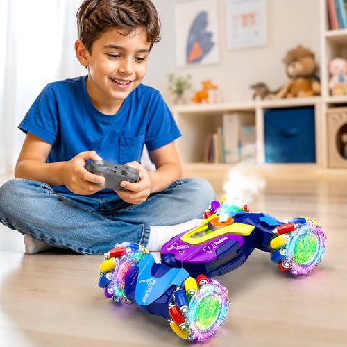 Image of VGRASSP 4WD Dual Control Torsion Stunt Drift Mist Car Toy for Kids with Lights and Music - 360 Rotating Double Sided RC Smoke Car with 2.4GHz Remote Control and Gesture Wrist Controller - Multicolor