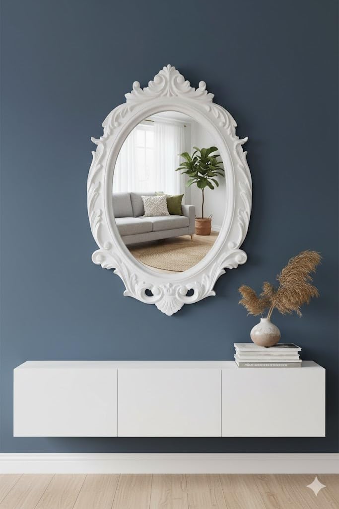 Royal Traders Wall Mount Wood Hand Crafted Oval Shape Vanity Mirror for Living Room (24X16 Inches, White)-image-18
