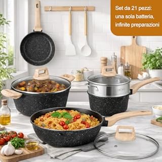 BAKAJI Batteria di Pentole e Padelle 15 Pezzi a Induzione e Gas, Set Adatto a Tutti i Piani Cottura, Antiaderente in Alluminio Pressofuso ed Effetto in Granito con Coperchio e Accessori (Nero)