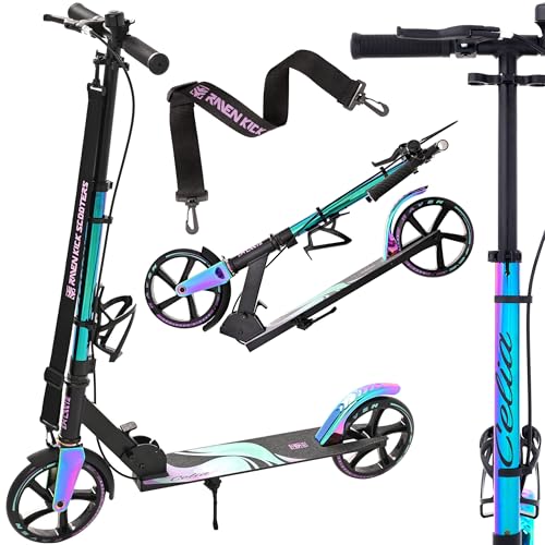 Raven   Patinete para niños y Adultos   Scooter   Patinete   Plegable, Ajustable, Correa de Transporte, Timbre, portabotellas   Celia Black con Freno de Mano, Ruedas de 200 mm