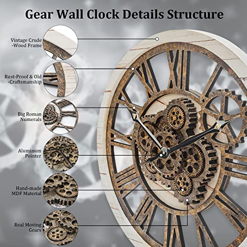 Hoibai Wall Clock, 24 Inch Moving Gears Clock Large Wall Clock For Living Room Decor Rustic Vintage Industrial Steampunk Farmhouse Big Clock For Home Kitchen Bedroom Office #TOP6