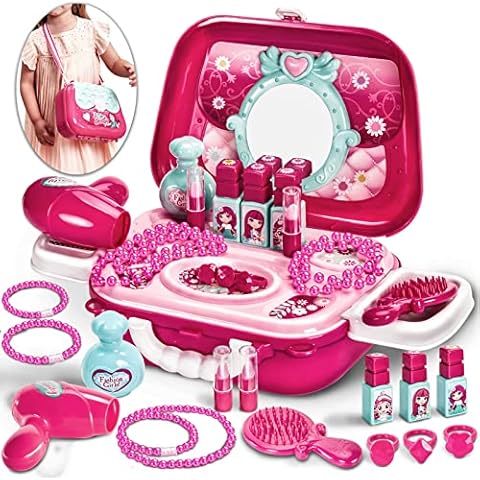 BUYGER Kids Role Play Princess Jewelry Make Up Set Toys for Girls, Kids Vanity Table with Toy Hair Dryer, for 3 4 5 6 Years Old Girl Cover