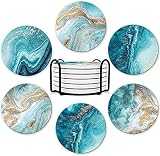 Absorbent Marble Coasters with Holder, Stone Coasters for Drinks, Cork Non-Slip Bottom, Round Cerami