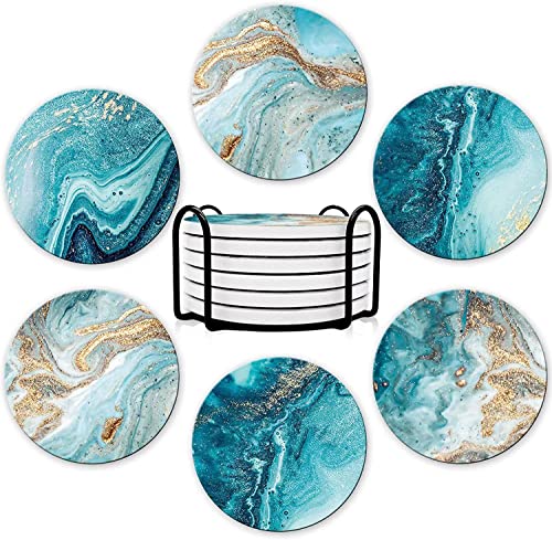 Absorbent Marble Coasters With Holder, Stone Coasters For Drinks, Cork Non-Slip Bottom, Round Ceramic Bar Coasters Set Of 6 For Coffee Table, Outdoor Patio, Office Desk, Wine Beer, Home Decor, Sea #TOP3