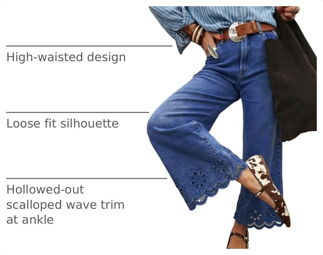 Sidefeel Womens Wide Leg Embroidered Jeans Stretchy Denim Pants image 4