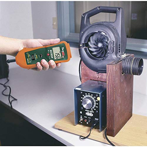 Image of Extech RPM10 Combination Tachometer with Infrared Thermometer | Photo 10-99999 and contact 0.5-20000 RPM, IR temp -4 to 600F, surface speed, 99999-count LCD, wheel, tape, case