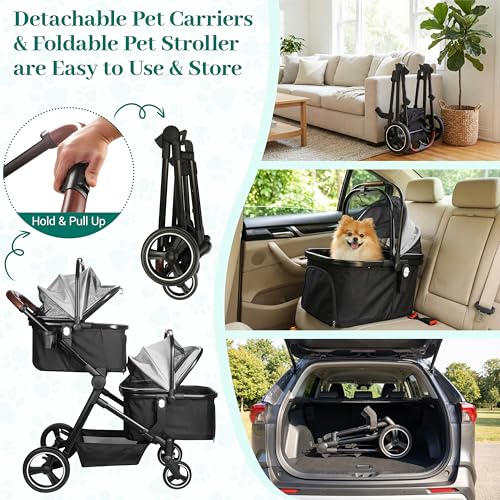 Image of Foldable Double Pet Stroller for 2 Small Medium Cats Dogs | Convertible single /double | Detachable carriers | All-terrain wheels & shock | Safety brakes & tether | Breathable oxford