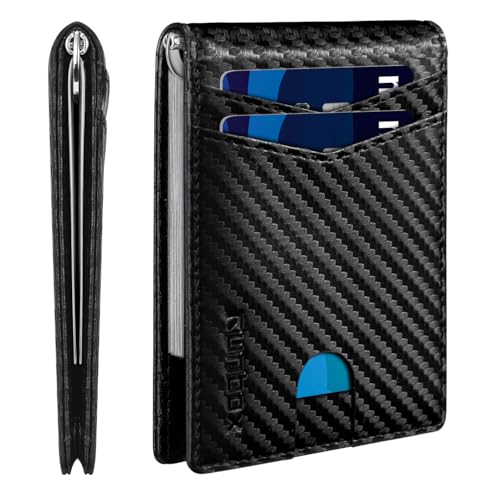 RUNBOX Slim Money Clip Wallets for Men RFID Blocking 8 Card Holder Minimalist Small Thin Carbon Leather Bifold Mens Front Pocket Wallet Gift Box(Carbon Black)
