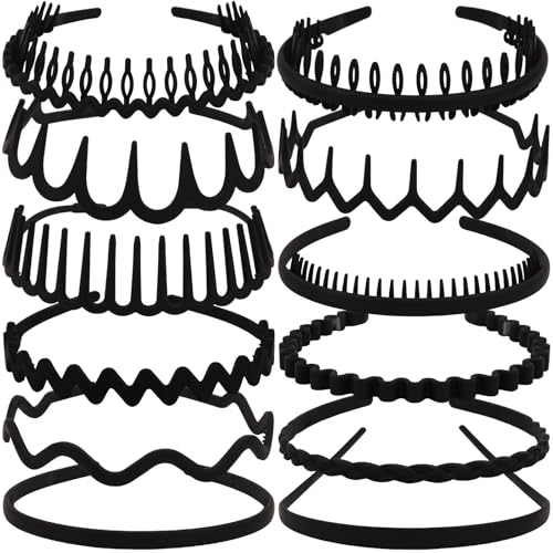 TOBATOBA 12Pcs Black Headbands for Women with Teeth Plastic Head Bands for Womens Hair Non Slip Comb Skinny Zig Zag Headbands Fashion Hair Accessories for Women Men Teen Girls