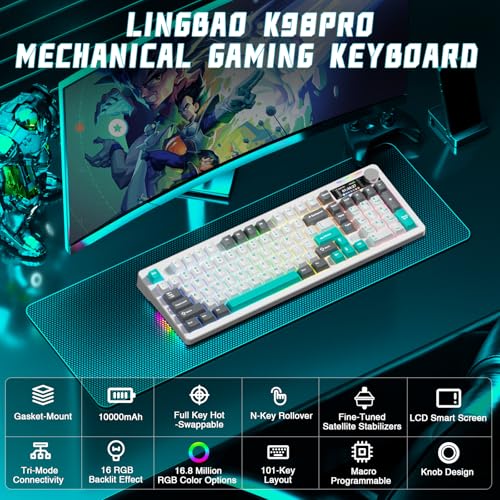 Image of LINGBAO K98 PRO 96% Mechanical Keyboard Wireless, with Screen & Knob, Creamy Gaming Keyboard, Tri-Mode BT5.0 /2.4GHz /USB-C, Gasket Mount Hot-Swappable Linear Switches RGB Backlit Gamer Keyboards for PC