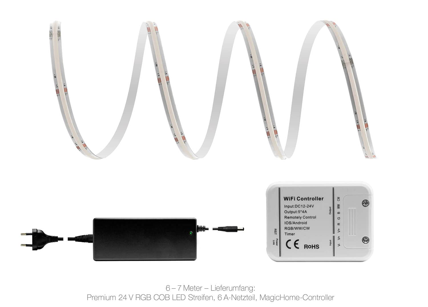 LED Universum Juego de tiras LED COB WLAN RGB con controlador Magic Home y fuente de alimentación, filamento premium, 24 V, IP20, multicolor (7 metros)
