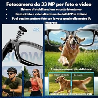 smartia - Occhiali intelligenti con fotocamera, custodia di ricarica portatile, occhiali da sole Bluetooth, IA integrata a comando vocale, APP in italiano, glasses e traduttore, 33MP 4K