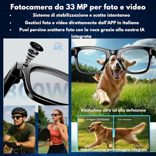 Smartia - Occhiali Intelligenti Con Fotocamera, Custodia Di Ricarica Portatile, Occhiali Da Sole Bluetooth, Ia Integrata A Comando Vocale, App In Italiano, Glasses E Traduttore, 33MP 4K - 4