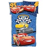 Disney Cars Track Stars Kinderbettwäsche-Set | Einzelbett-Bettbezug 140x200 cm mit Kissenbezug 50x70 cm, 100% Baumwolle | Flash Lightning McQueen Bettwäsche-Set für Kinderbetten