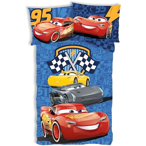 Disney Cars 'Suivre Les étoiles' Parure de lit Enfant | Housse de Couette 140x200 cm avec taie d'oreiller 50x70 cm, 100% Coton | Parure de lit Réversible Flash McQueen...