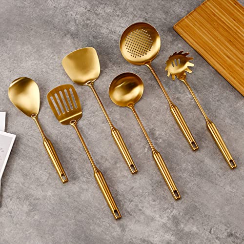 Gold Kitchen Utensils Set With Stand – 7 Piece 304 Stainless Steel Brass Cooking Tools With Rotating Holder, Spatula, Slotted Turner, Ladle, Skimmer, Pasta Server, Large Rice Spoon #TOP2