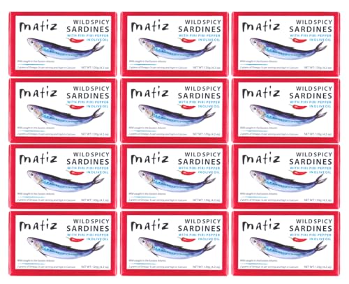 Matiz Spicy Wild Spanish Sardines in Olive Oil and Piri Piri Pepper, 4.2 oz (4.2 Ounce (Pack of 12))
