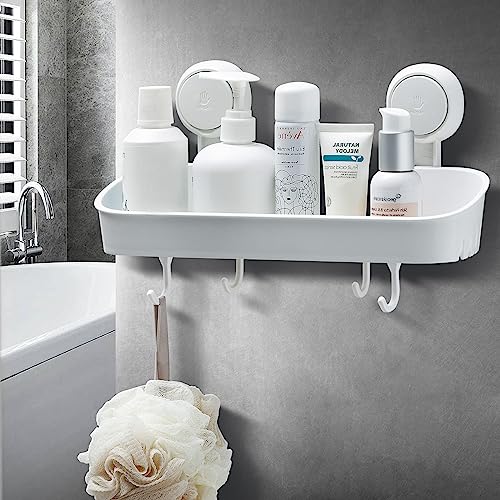 Tailink Suction Shower Caddy With 4 Hooks, Bathroom Shower Basket Wall Mounted Shower Organizer For Shampoo, Body Wash,Conditioner, Plastic Shower Rack For Kitchen & Bathroom, No Drilling Removable #TOP1