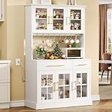 YITAHOME 71'' Kitchen Pantry Storage Cabinet with Microwave Stand, Tall Freestanding Hutch Cabinets with Power Outlet, Pantry Cabinets with Buffet Cupboard, Drawers & Acrylic Doors for Home, White