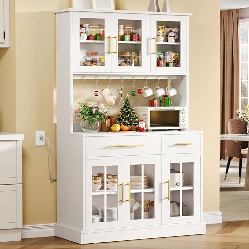 YITAHOME 71'' Kitchen Pantry Storage Cabinet with Microwave Stand, Tall Freestanding Hutch Cabinets with Power Outlet, Pantry Cabinets with Buffet Cupboard, Drawers & Acrylic Doors for Home,