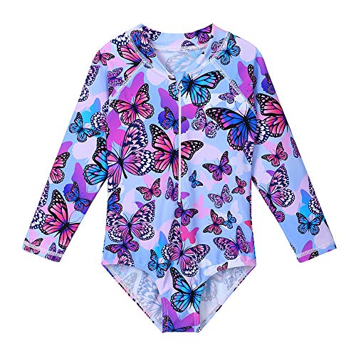 TFJH E Girls Long Sleeve Swimsuits Rashguard Sunsuit Zip UPF 50+ Purple Butterflys 128/134