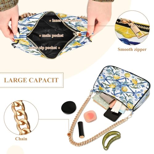 Image of Shoulder Bags for Women Vintage Yellow Lemon Fruit and Blue Print Hobo Tote Handbag Small Clutch Purse with Zipper Closure