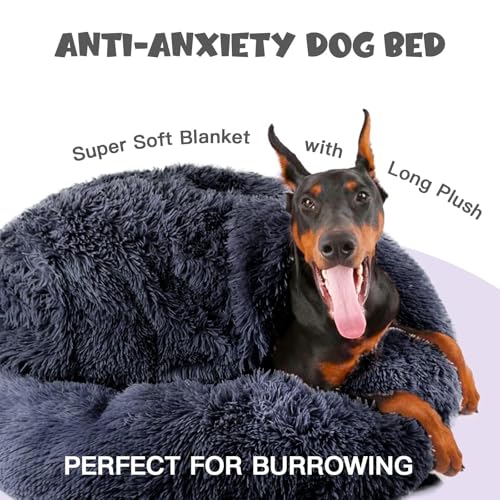 Image of Himax Dog Beds for Large Dogs, Donut Dogs Beds with Blanket Attached, Calming Dog Bed Washable (20 inch /26 inch /35 inch) Grey