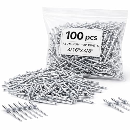 100PCS Large Flange Aluminum Blind Rivets 3/16" x 3/8" Big Head Steel Mandrel Dome Body Blind Clenches Set for Sheet Steel Duct Work Aluminum Boat Clenches Long Rivets