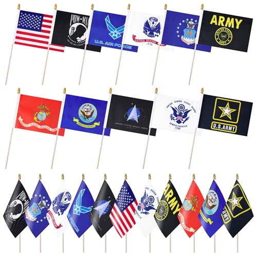 22 Pack All Branches Military Flags Set Small Mini Armed Forces Handheld Flag on Wooden Stick for Veterans Day Memorial Day Decorations 5x8 Inch