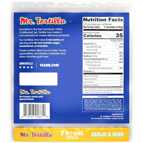 Mr. Tortilla-Low Carb Tortillas 2 Net Carb Keto Soft Taco Shells for Wraps, Quesadillas&Tostadas-Healthy Vegan Tortilla Wraps No Cholesterol-Low on Calories&Fat (Garlic&Herb),12 Count (Pack of 4) - Thumbnail 2