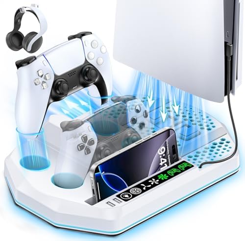 Cooling Station for PS5 with Dual Controller Charger Compatible with PlayStation 5/Slim/Pro Console, PS5 Cooling Stand Station Vertical & 3 Level Cooler Fan, Controller Charging Dock, RGB Light