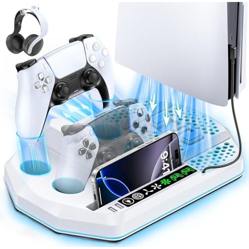 OIVO PS5 Ständer mit Lüfter und Netzteil für Playstation 5 Konsole, PS5 Vertikaler Standfuß mit Kühlung und Controller Ladestation, 12 Spiele Halterung für Sony Playstation 5, weiß