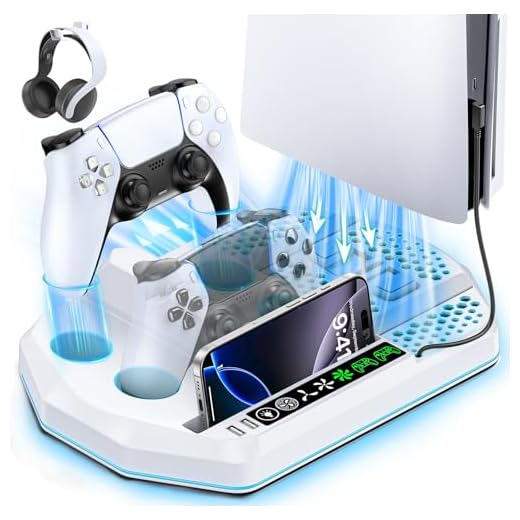 OIVO PS5 Ständer mit Lüfter und Netzteil für Playstation 5 Konsole, PS5 Vertikaler Standfuß mit Kühlung und Controller Ladestation, 12 Spiele Halterung für Sony Playstation 5, weiß