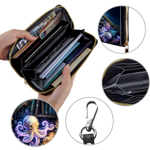 Image of Women's Wallets Credit Card Holder Money Leather Long Wallet | Long wallet with Wristlet,Large Capacity with Zip-Around Phone Purse for Women Ladies Girls,Octopus Bookshelf