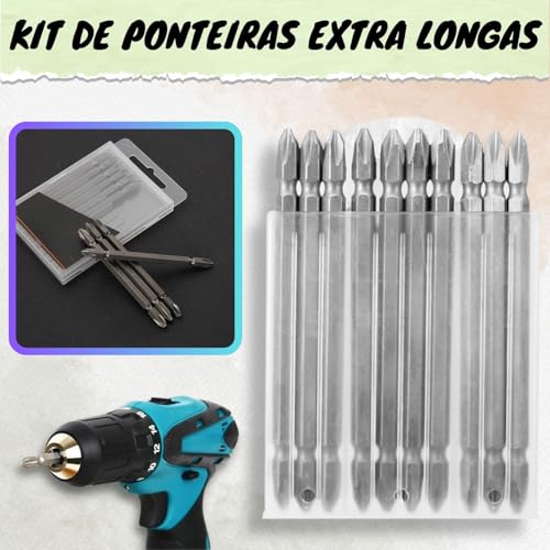 Jogo Bits 1/4 FPhilips Pontas Duplas PH2 110mm Longo 10Pç Cr-v Ponteiras Magnéticas Imã Sextavado He