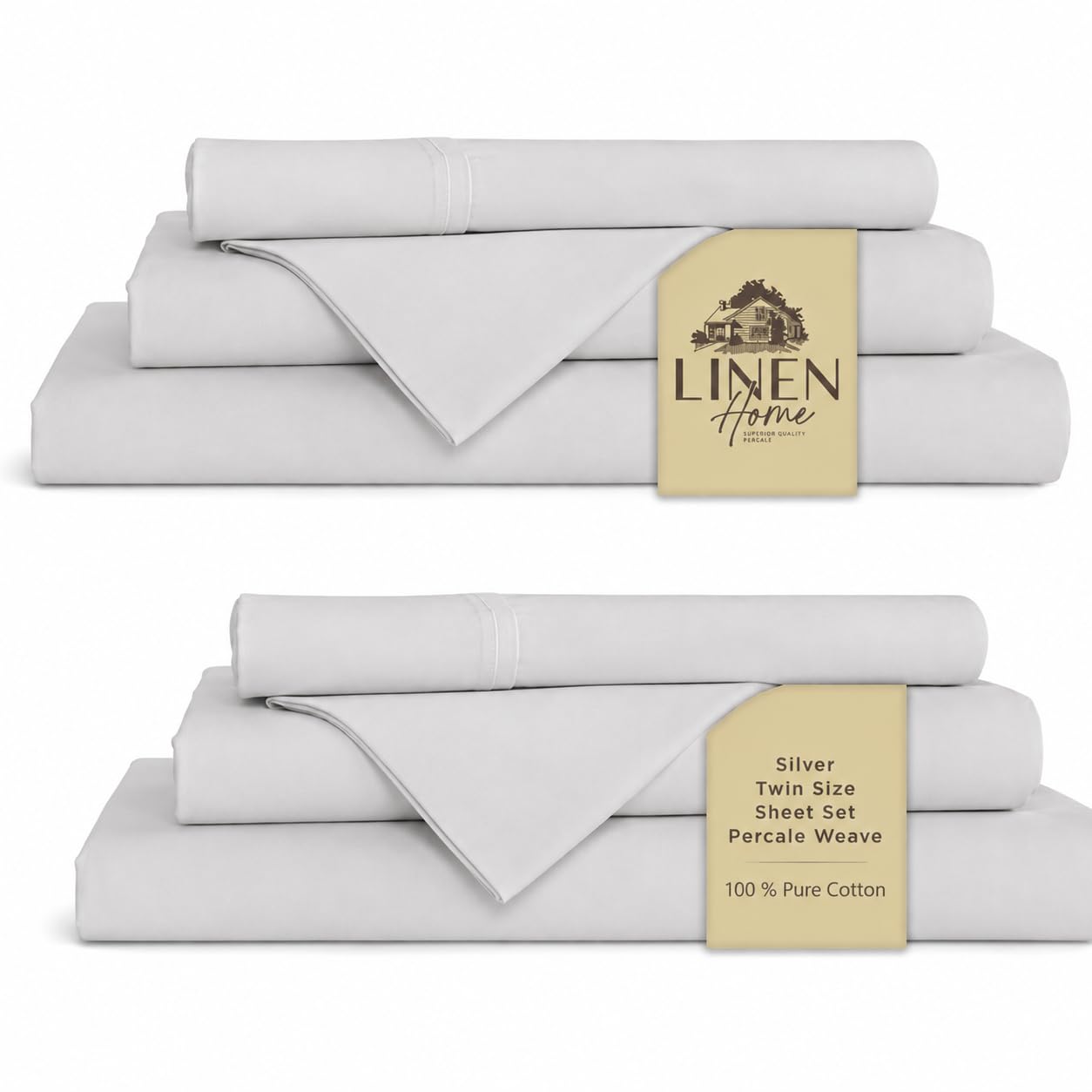 Linen Home 100% Cotton Percale Sheets Twin Size Pack of 2, Silver, Deep Pocket, 6 Pieces Set- 2 Flat, 2 Fitted and 2 Pillowcases, Crisp Cool and Long Staple Strong Bed Linen