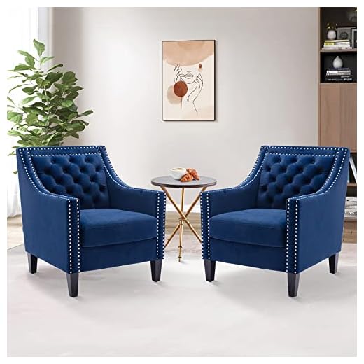 Navy Blue Accent Chair for Living Room Chairs Set of 2- Mid Century Modern Armchair Sofa Chair sillones para sala dormitorio Upholstered Wingback Arm Chair Comfy Reading Chair Bedroom with Wood Legs
