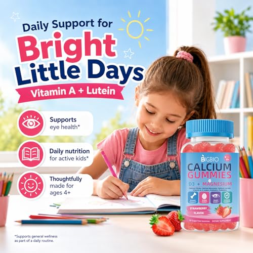 Kids Calcium Gummies with D3 & Magnesium, Probiotics & Prebiotics, Bone & Muscle Support, Vision & Immune Health, Sugar-Free, Strawberry Flavor, 90 Count — view 6