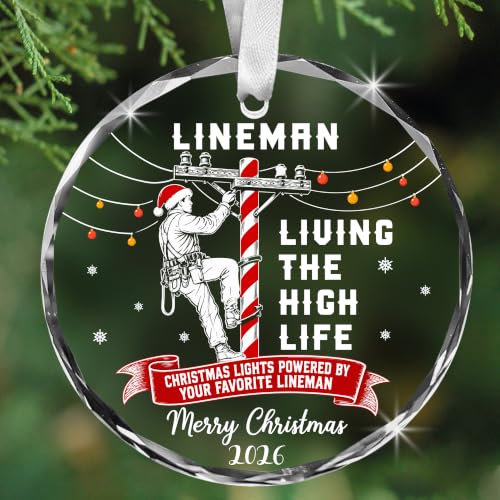 Bozspacer Lineman Christmas Glass Ornament 2026 – Power Lineworker Gift, Utility Worker Christmas Tree Decoration, Electrical Lineman Appreciation Keepsake for Dad, Husband, Coworker