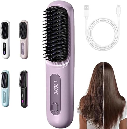 Brosse Chauffante Pour Cheveux Courts, Brush for Short Hair - The Short Hair, with Lcd Temperature Display, Fast Heating Cordless Mini Hair Brushs, for Travel (Purple)