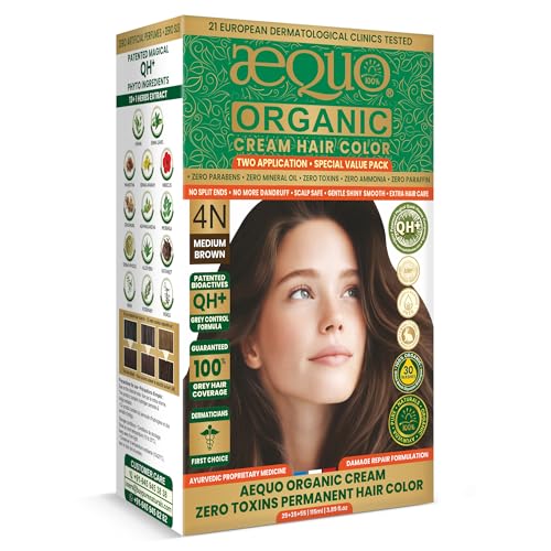 Image of Aequo Organic Cream Hair Color 4N Medium Brown - Herbal Hair Dye for 100% Grey Coverage | Zero Ammonia & PPD | QH+ Grey Control Formula | 2 Applications (115 ml)