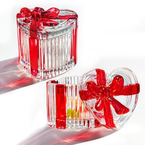 kanpura 2 Pack Glass Heart Shaped Jewelry Box Candy Dish with Lid Ring Earring Trinket Storage Box Vintage Jewelry Organizer Decorative Jar Gifts for Women Girls(Red & Clear)