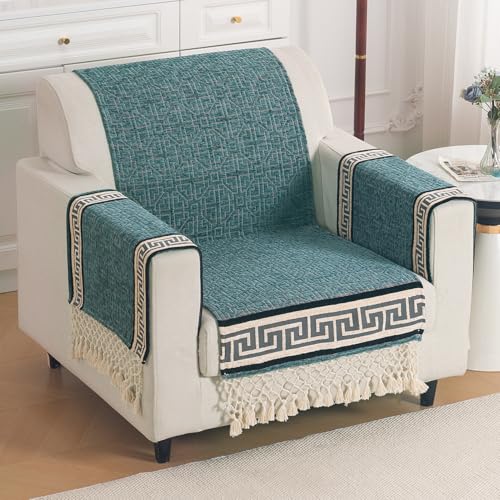 Image of HOKIPO 'Imperial Tassel Series' Thick & Soft Chenille Jacquard Sofa Cover 1 Seater Set for Seat, Back & Arms with Tassels, Muted Turquiose (IN-1009 + IN-1012-I7*2)