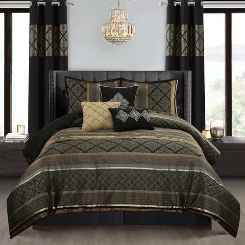 Stratford Park Geometric Black and Gold Comforter Set Queen Size, 9 Piece Jacquard Bedding Set, Ultra-Soft, Matching Shams, Bedskirt, Decorative Pillows, Curtains