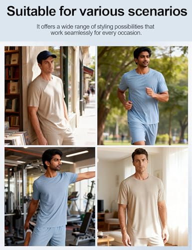 Image of Venzina Men's Ribbed Seamless Lounge Set -Loose Fit Cooling 4-Way Stretch Pajamas for Home, Outdoor, Relaxed Activities